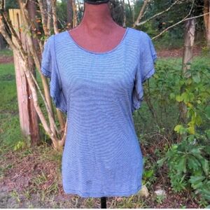 Club Monaco Navy/White Pinstriped Blouse with Round Neckline & Flutter Sleeves